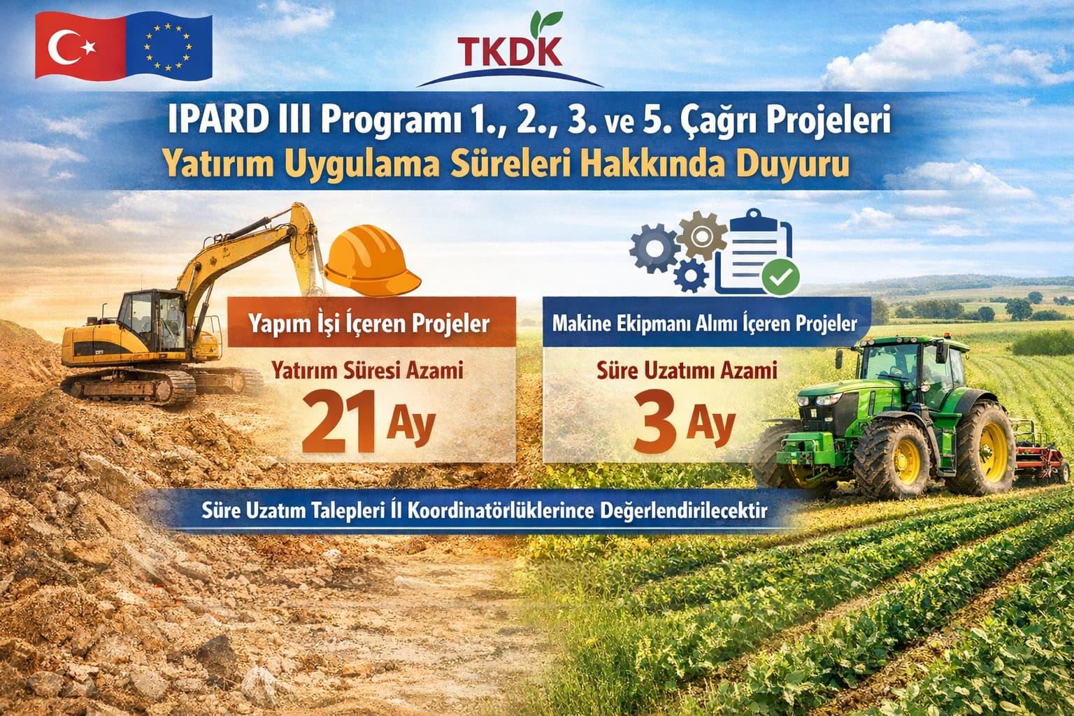 IPARD III 1. 2. 3. ve 5. Çağrı Yatırım Uygulama Süresi Uzatma Duyurusu